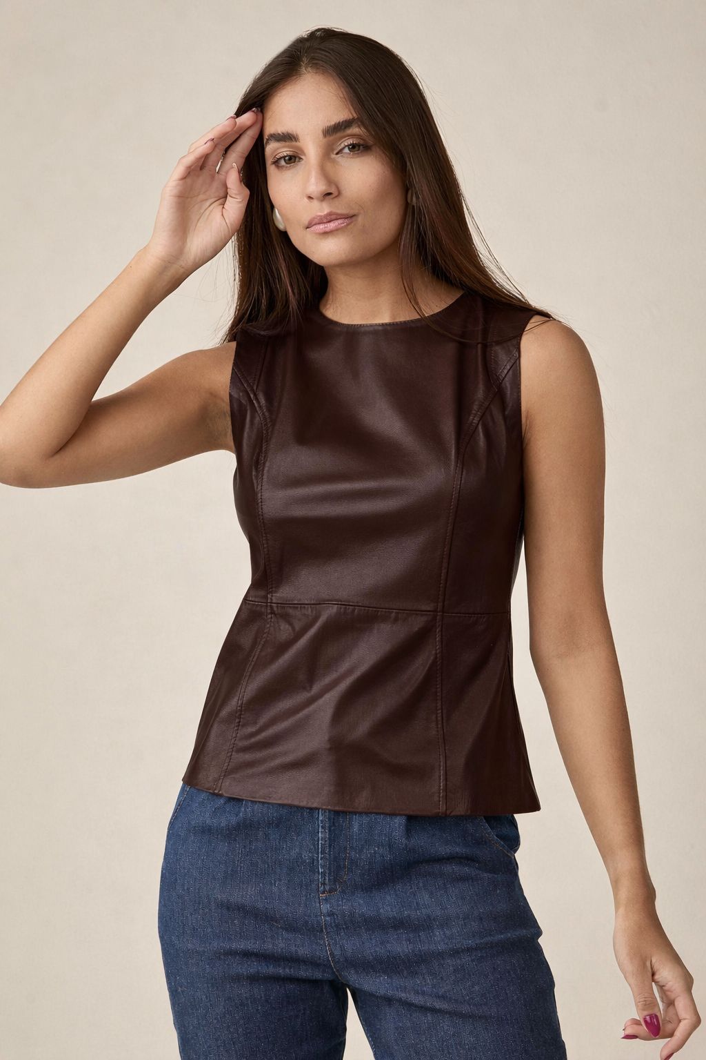 Blusa Regata Couro Marrom Café