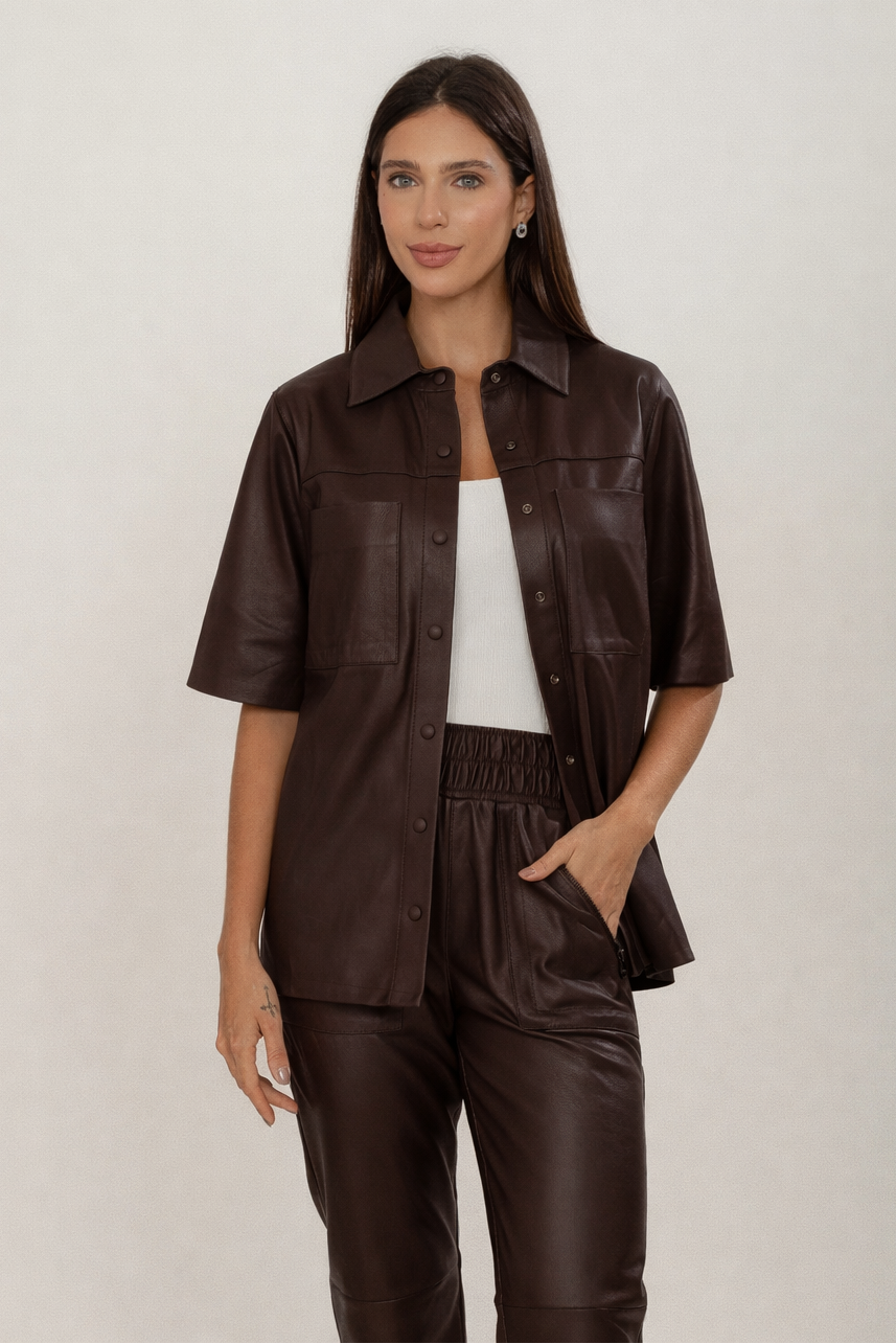 Camisa Couro Longa Marom Café