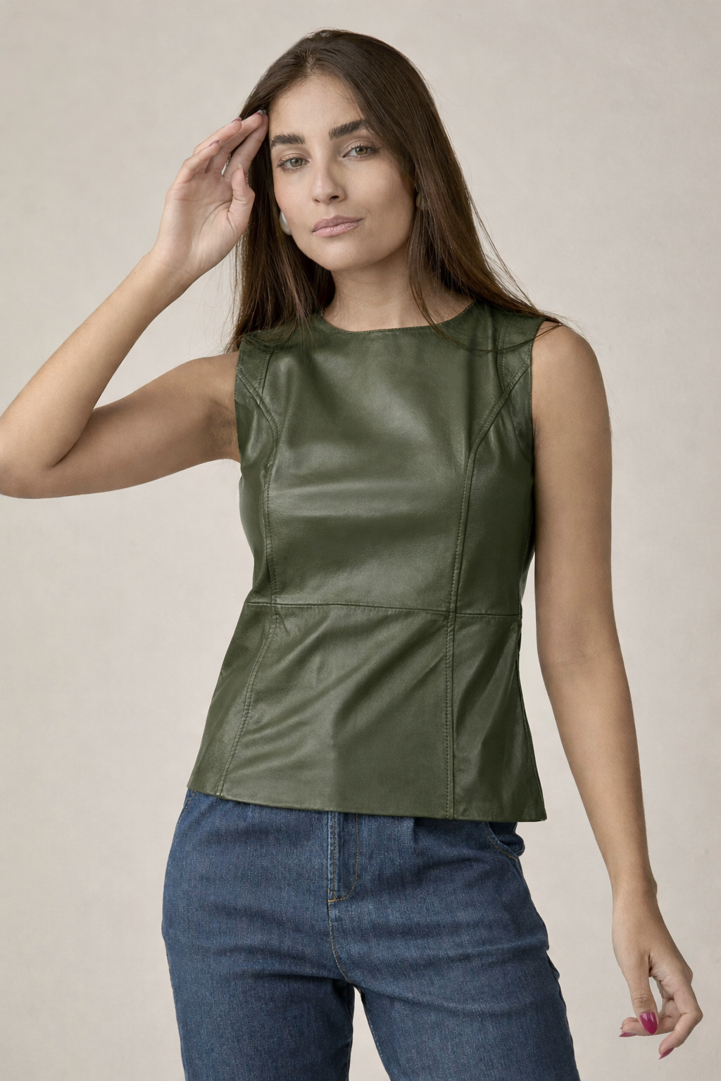 Blusa Regata Couro Verde Militar