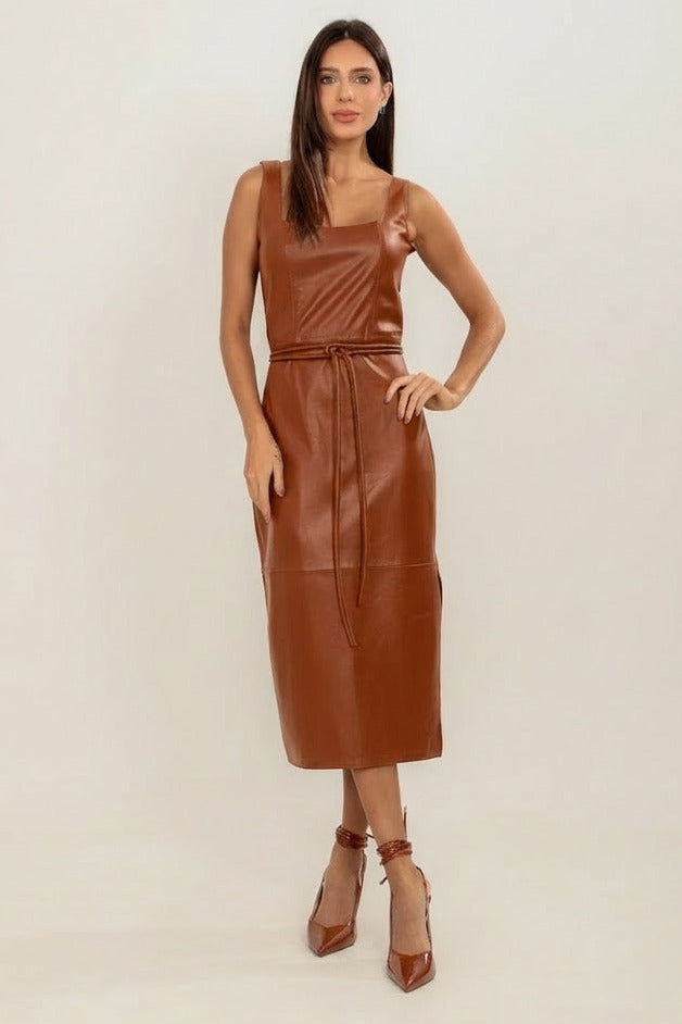 VESTIDO MIDI TUBO COM FAIXA CARAMELO