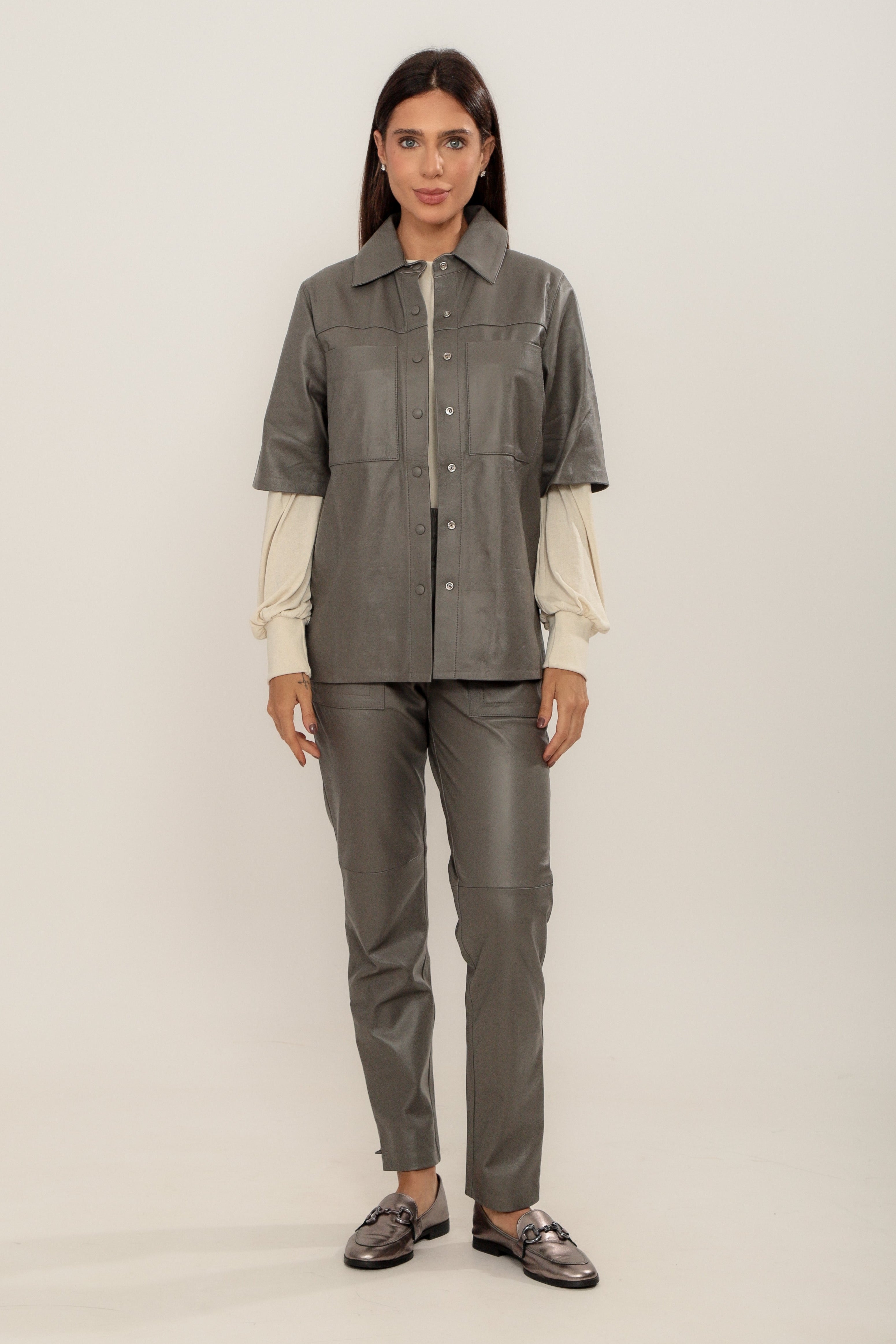 Camisa Couro Longa Cinza