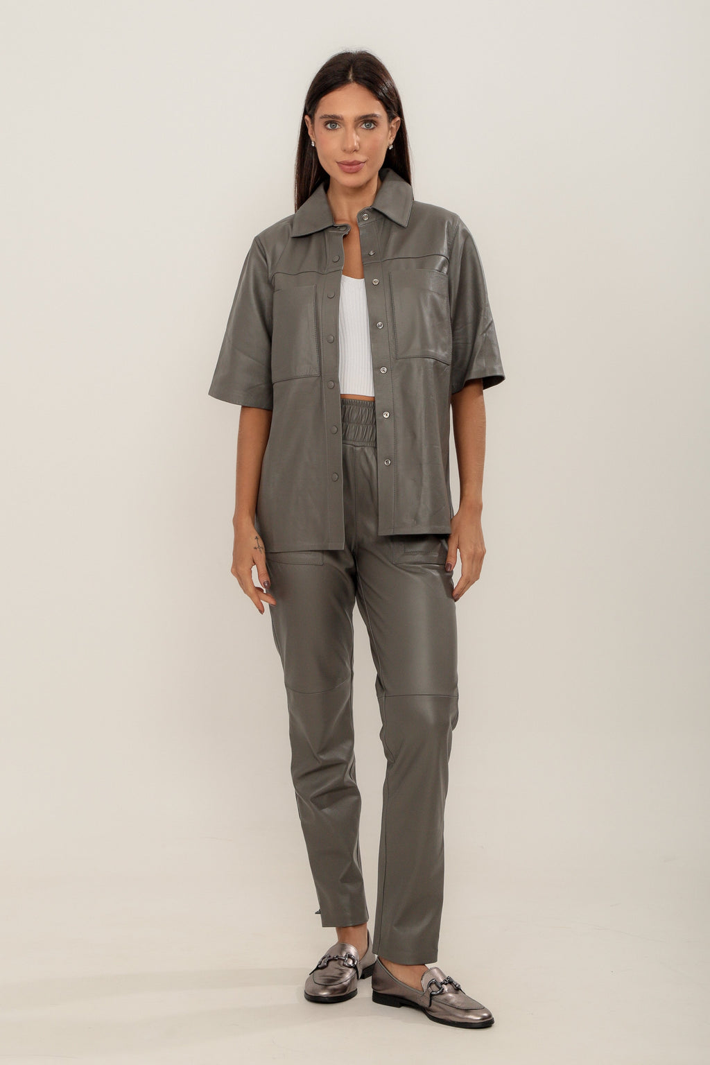 Camisa Couro Longa Cinza