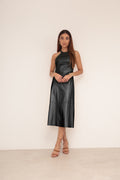 Vestido Couro Mídi Trapézio - Preto