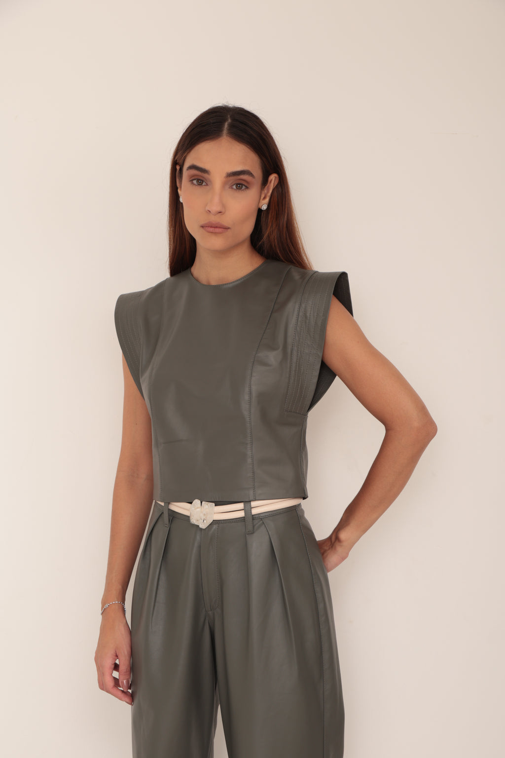 Blusa Couro Estruturada - Militar