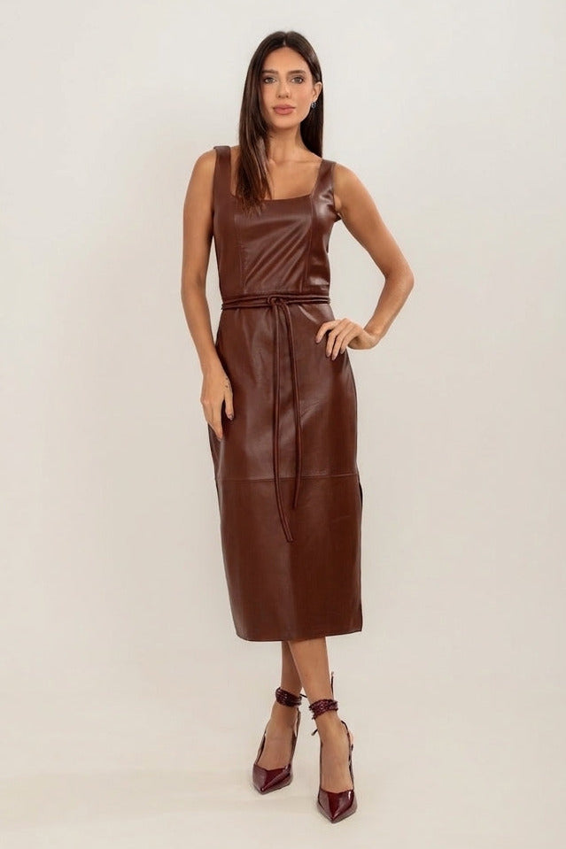 VESTIDO MIDI TUBO COM FAIXA MARROM CHOCOLATE