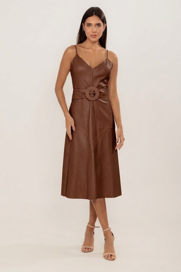 VESTIDO MIDI RECORTE MARROM CHOCOLATE