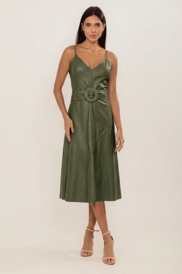 VESTIDO MIDI RECORTE VERDE MILITAR
