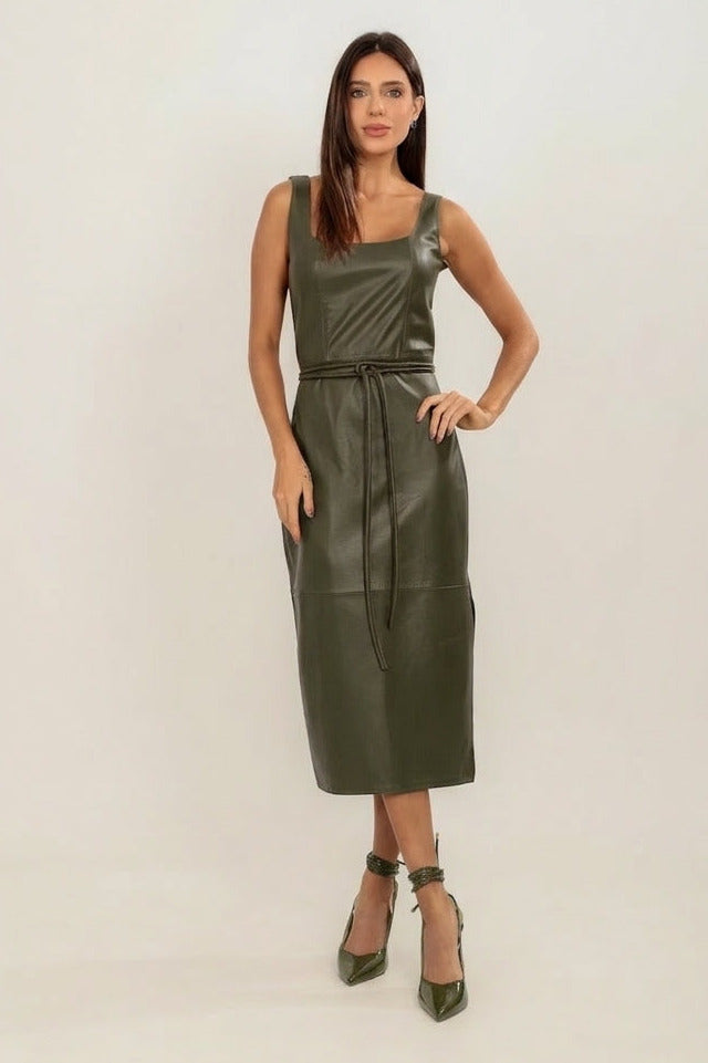 VESTIDO MIDI TUBO COM FAIXA VERDE MILITAR
